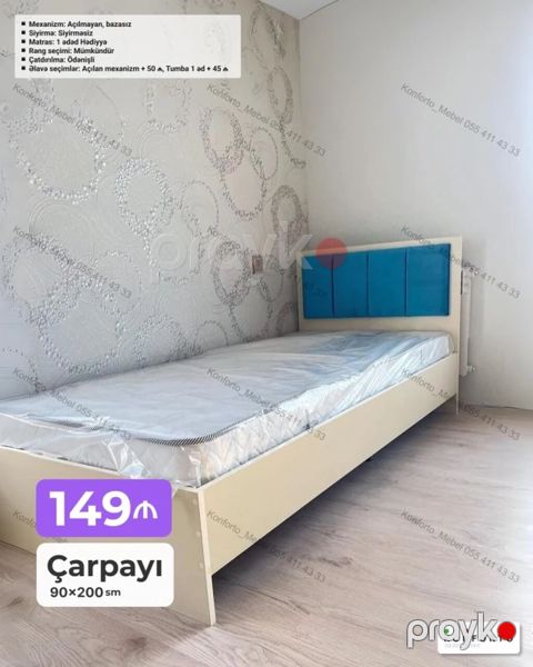 Tək nəfərlik çarpayı – 90×200 sm - Rəng seçimi mümkündür — Bakı