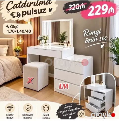 Müasir dizaynlı makiyaj masası və güzgü dəsti - Ölçü: 1.70 / 1.40 — Bakı