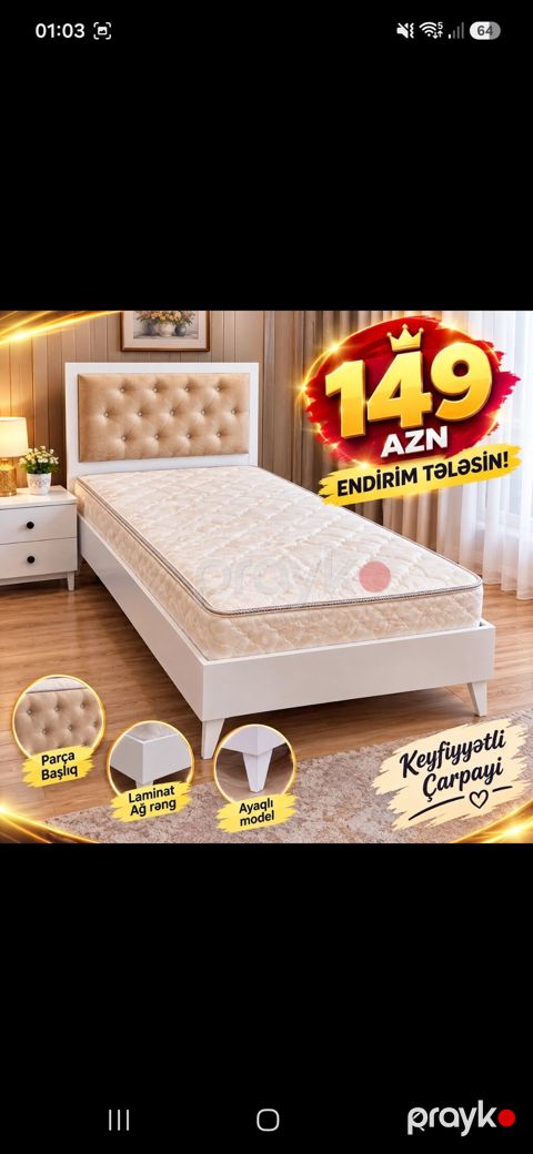 Tək nəfərlik çarpayı və matrass dəsti - Başlıq: parça ilə üzlənmiş — Xırdalan