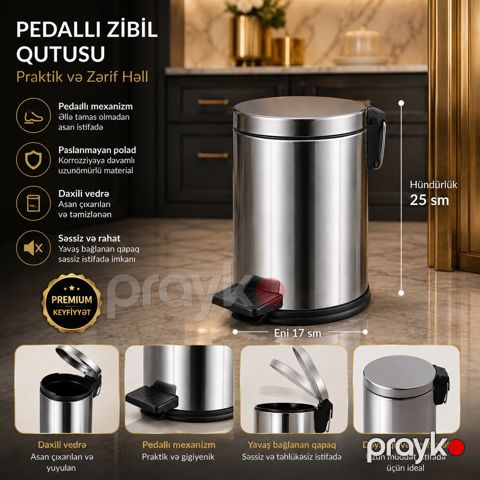 Zibil qabı No brand 001, Paslanmayan polad, Gümüşü, 5 l — Bakı