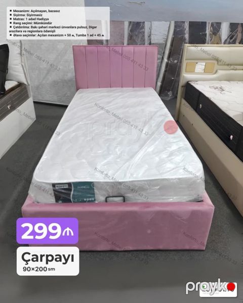 Tək nəfərlik çarpayı – 90×200 sm - Rəng: seçimi mümkündür (şəkildə — Bakı