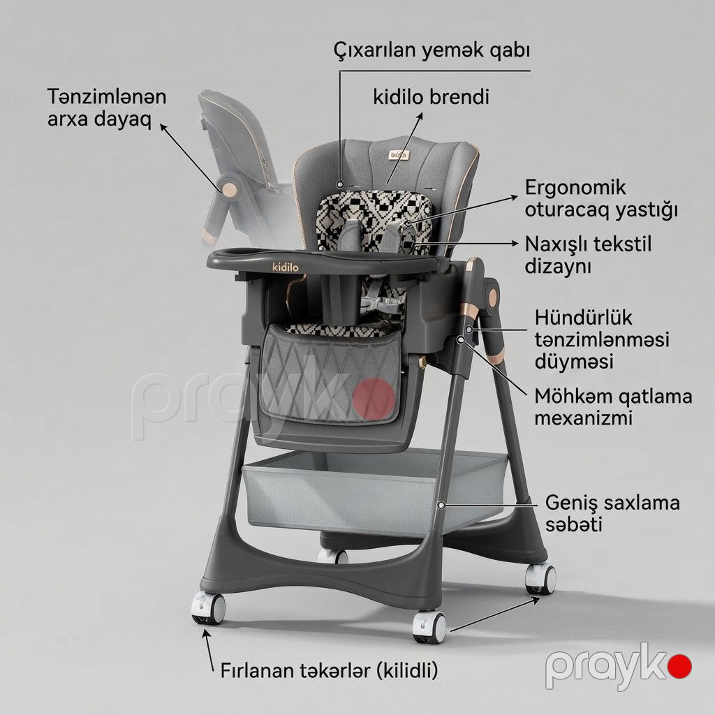 Uşaq yedizdirmə oturacağı Kidilo KD8100 MK469, Plastik/Metal, 6-36 ay, Boz — Mallar, Bakı (3)