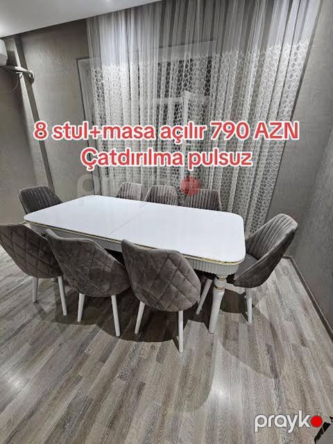 Yemək otağı dəsti – 8 stul + açılan masa - Masa: Ağ rəngli — Bakı