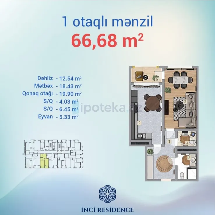 Satılır: 2 Otaq, Yeni tikili, Suraxanı r., Yeni Günəşli q., 66.68 m² — Mənzil, Bakı (7)