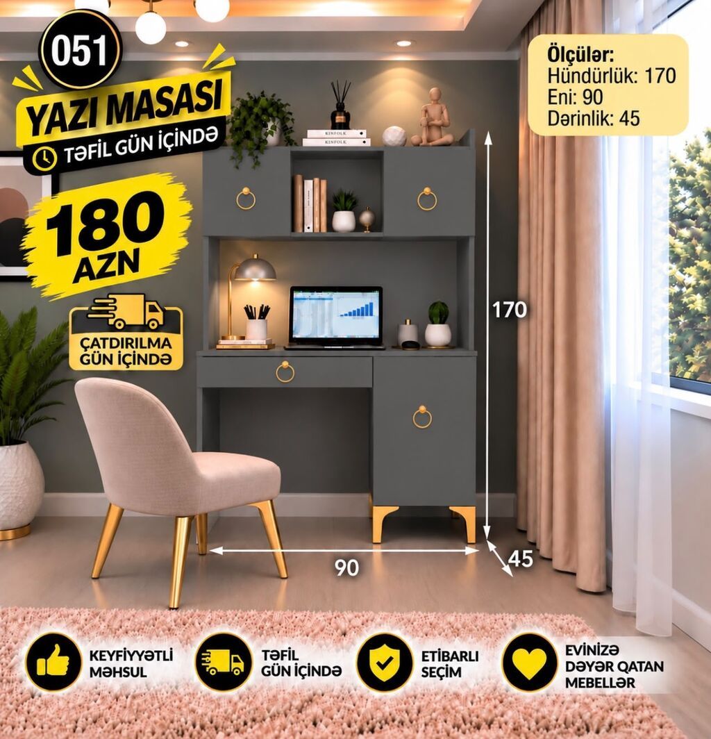 Yazı masası – 051 model Ölçülər: - Hündürlük: 170 sm - En: 90 sm — Kompüter masaları və kresloları, Bakı (2)