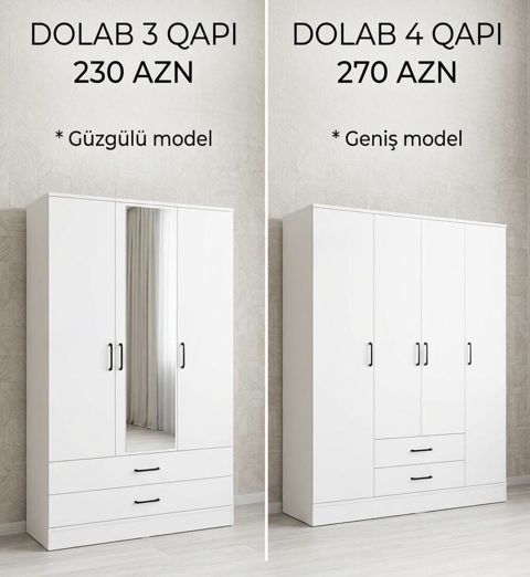 Yeni, 3 qapılı, Güzgülü, Ağ, Açılan, Düz dolab — mebeldivansifarisle — Шкафы