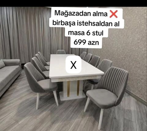 Yemək otağı dəsti – masa + 6 stul - Rəng: ağ masa, boz məxməri (və ya — ucuz.mebel — Столы и стулья