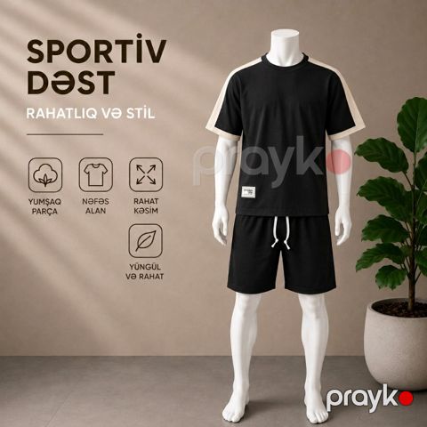 Kişilər üçün şortlu dəst, qara, poliester/pambıq, ölçü L — Bakı