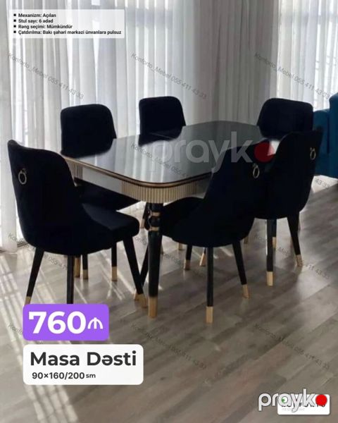 Masa Dəsti – 6 stullu - Ölçü: 90×160/200 sm (açılan mexanizm) — Bakı