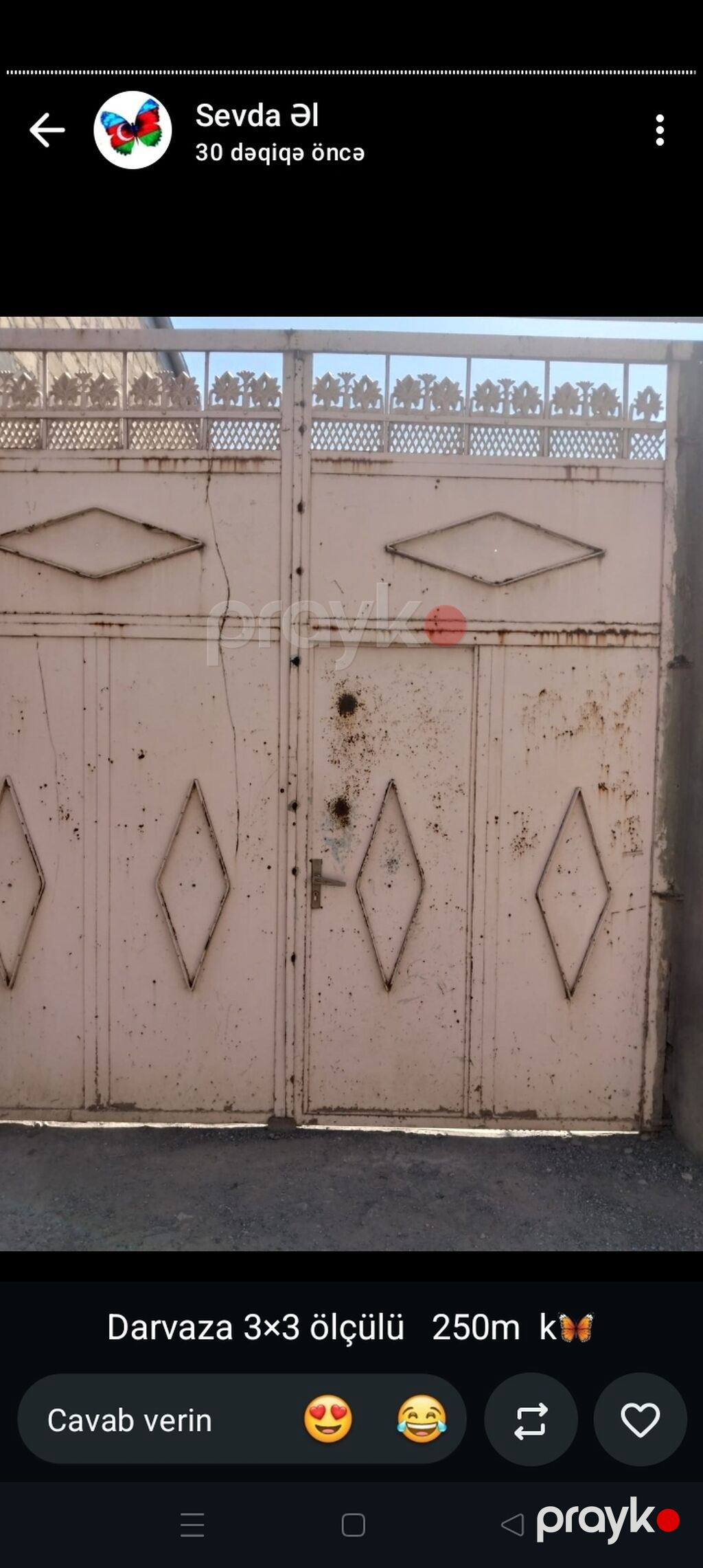 Metal darvaza – 3×3 ölçü. İkiqanadlı, üst hissədə dekorativ qəfəsvari — Pəncərələr, qapılar, balkonlar, Gəncə (2)