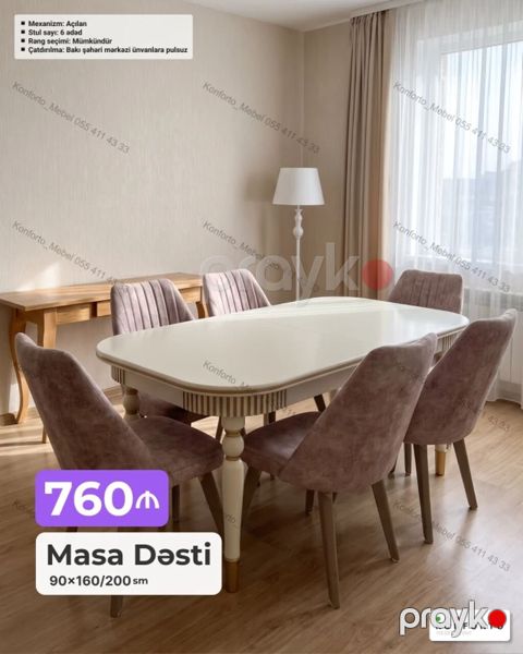 Masa Dəsti – 90×160/200 sm Açılan mexanizmli masa: qonaq sayına — Bakı