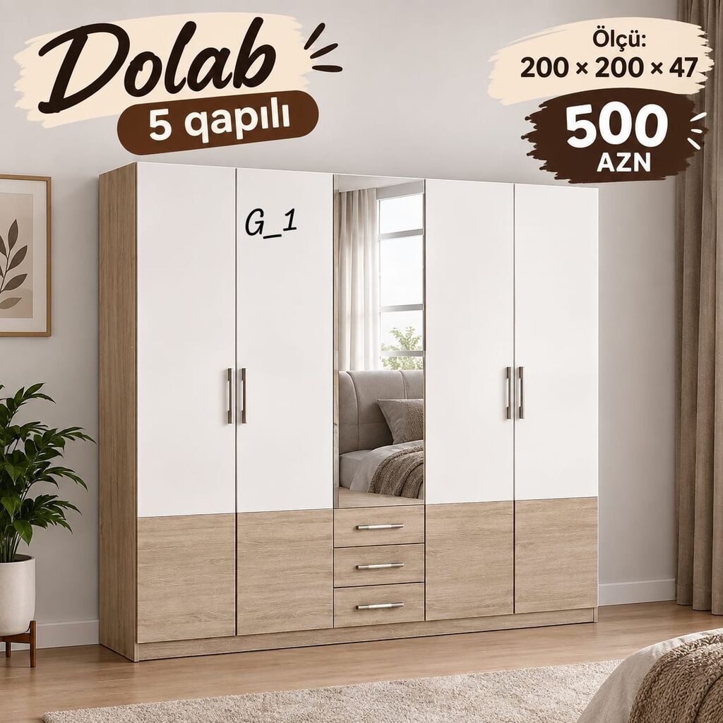 5 qapılı geyim dolabı - Ölçü: 200 200 47 sm - Qiymət: 500 AZN — Şkaflar, Bakı