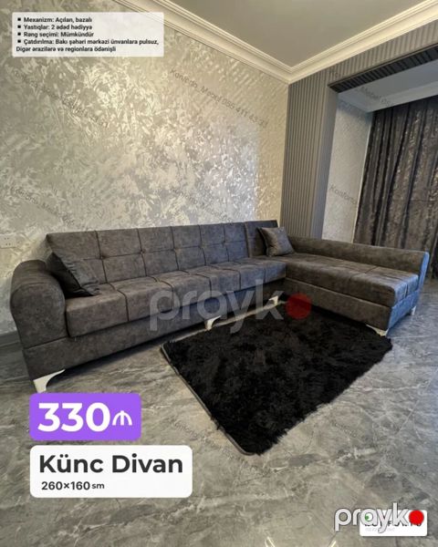 Künc divan – 260×160 sm - Mexanizm: açılan, bazalı (yataq və — Bakı