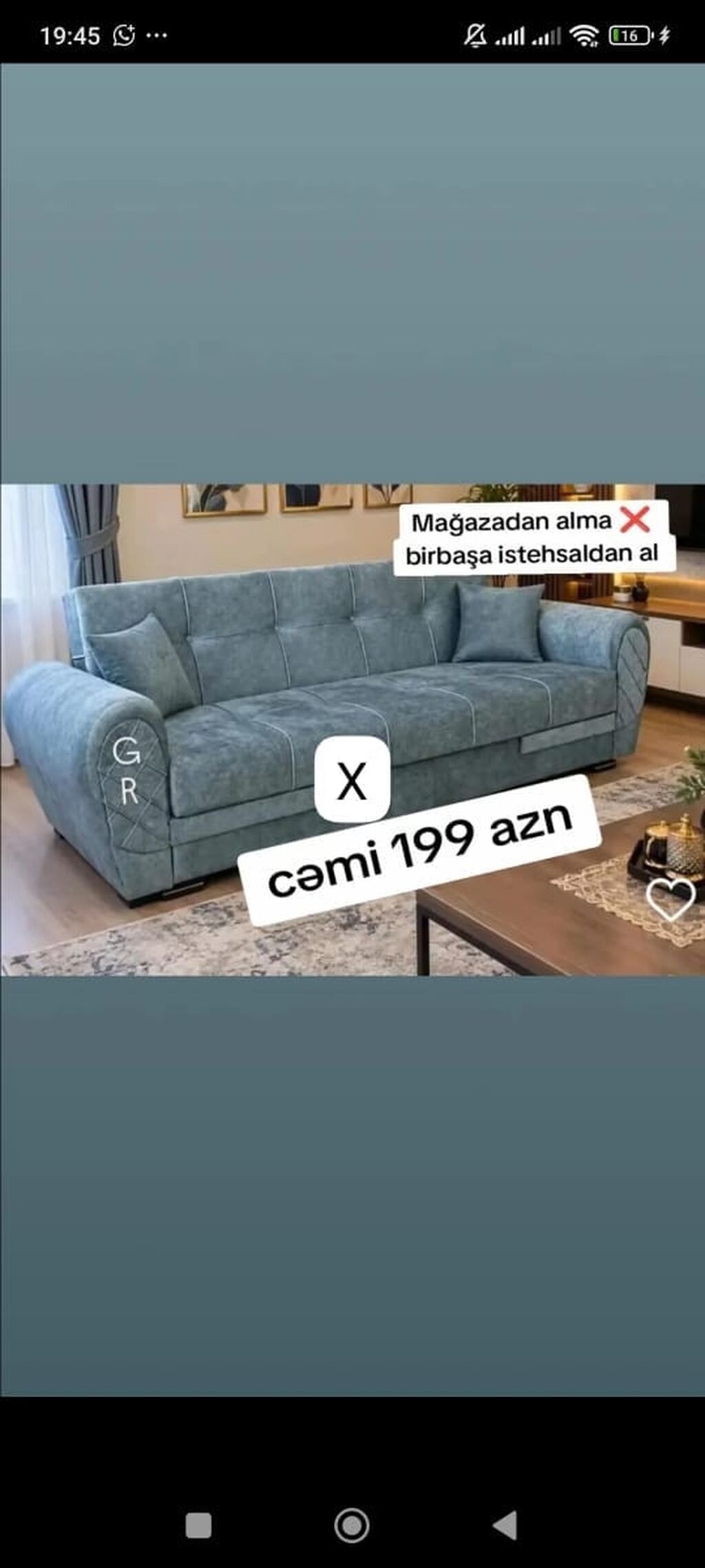 Mavi rəngli yumşaq parça ilə örtülmüş rahat divan. Geniş oturacaq və — Divanlər, Bakı
