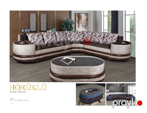 Divan Hörüklü künc, qəhvəyi-krem, 335/295x83x90 sm — Bakı