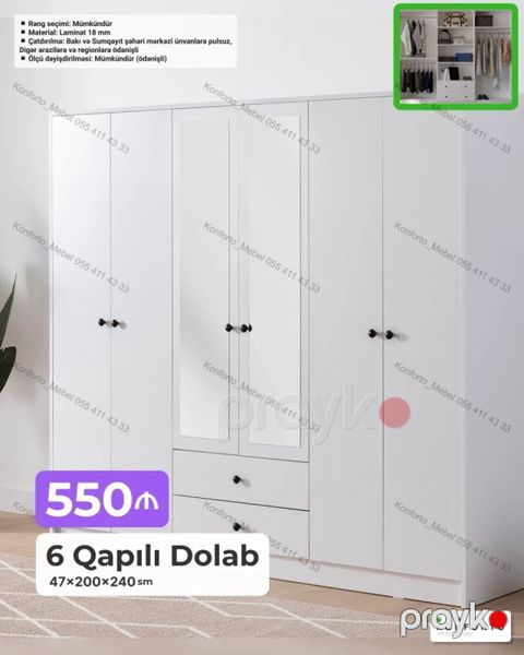 6 qapılı paltar dolabı – 47×200×240 sm - Rəng seçimi: mümkündür — Bakı