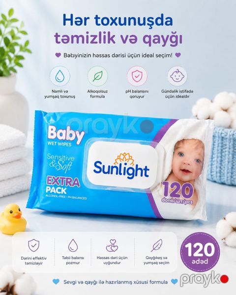 Günəş işığı ilə işləyən körpə salfetləri, yeni doğulmuş körpələr və uşaqlar üçün. 120 əd — Bakı