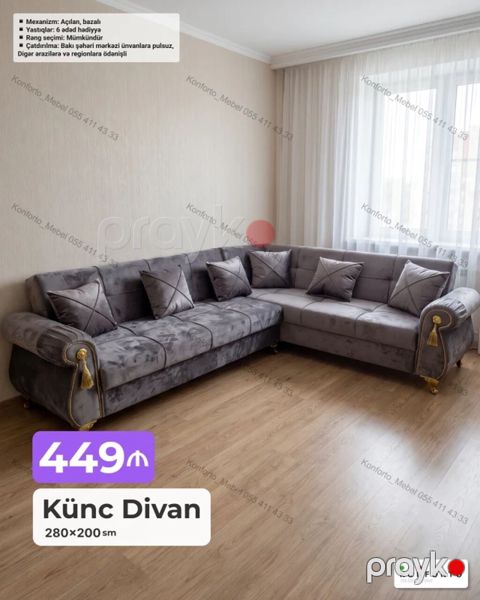Künc divan – 280×200 sm - Açılan, bazalı mexanizm: rahat yatacaq — Bakı