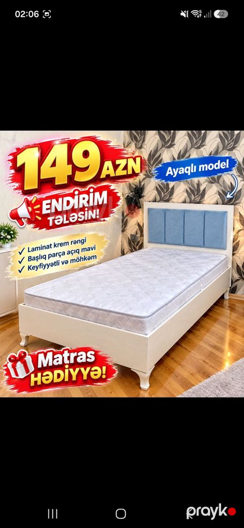Ayaqlı tək nəfərlik çarpayı – laminat krem rəngində gövdə, başlıq isə — Xırdalan
