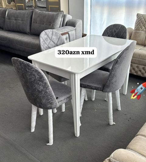 Ağ yemək masası və 4 stul dəsti - Dəst: 1 ədəd düzbucaqlı yemək — Digah