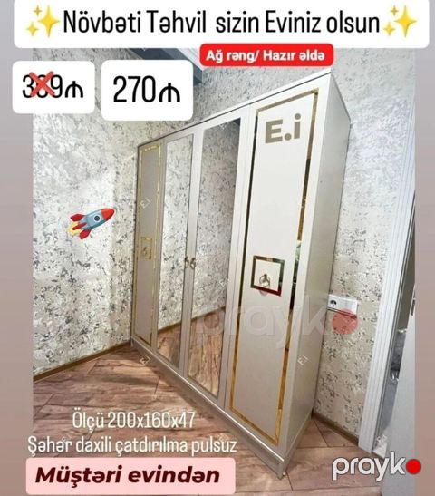 Yeni, 4 qapılı, Güzgülü, Ağ, Açılan, Düz dolab — Digah