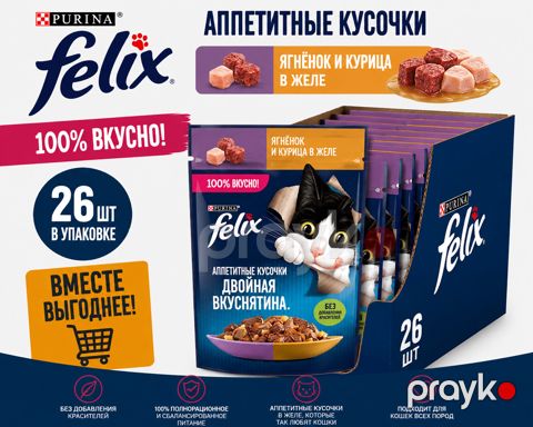 Yetkin pişiklər üçün yaş yem Felıx quzu və toyuq əti ilə, 75 q 26 ədəd — Bakı