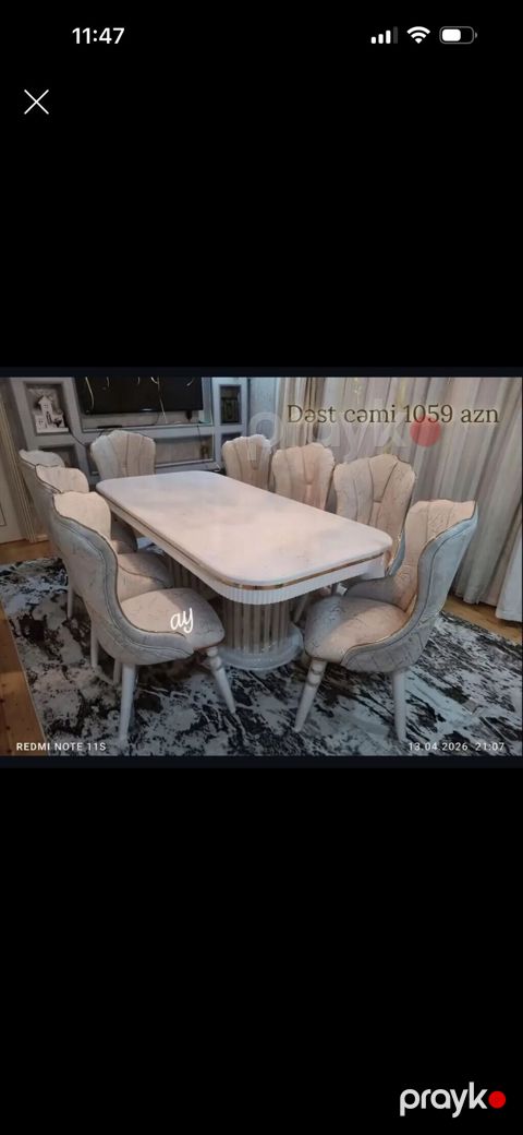 Yemək otağı dəsti – masa + 6 ədəd stul - Rəng: açıq bej/krem tonları — Bakı
