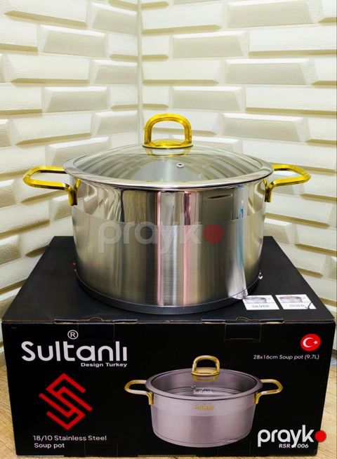 Qazan Sultanlı, 28x16 sm, 9.7 l, paslanmaz polad, qapağı şüşə, tutacaqları qızılı, Türkiyə istehsalı, gümüşü - ZTW-ABRSR1006Q — Bakı