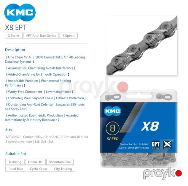 Velosiped üçün zəncir KMC 8 pillə, 1/2 x 3/32, 114 əlaqə, gümüşü/boz, paslanmaya davamlı, çatışmayan link bağlama linki ilə - bikesport_8 — Mallar, Bakı (3)
