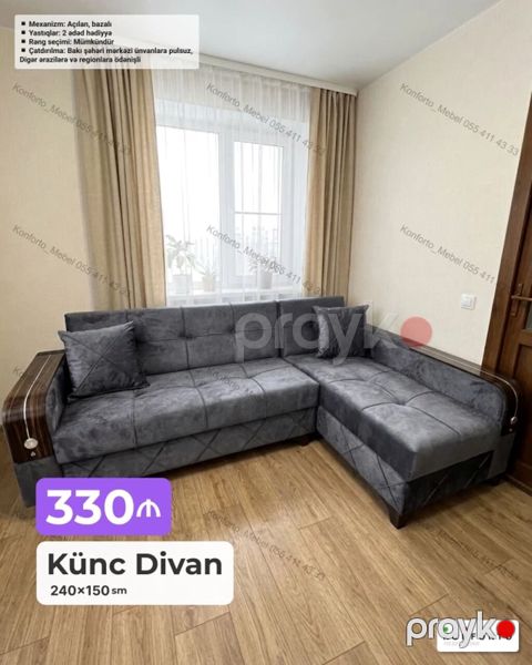 Künc divan – 240×150 sm - Mexanizm: açılan, bazalı (yataq funksiyası — Bakı