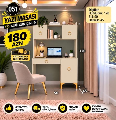 Yazı masası – 051 model Ölçülər: - Hündürlük: 170 sm - En: 90 sm — Bakı
