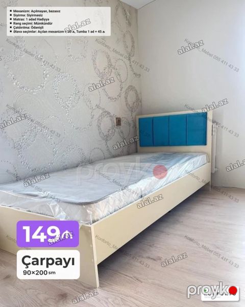 Tək nəfərlik çarpayı – 90×200 sm - Rəng seçimi mümkündür — Bakı