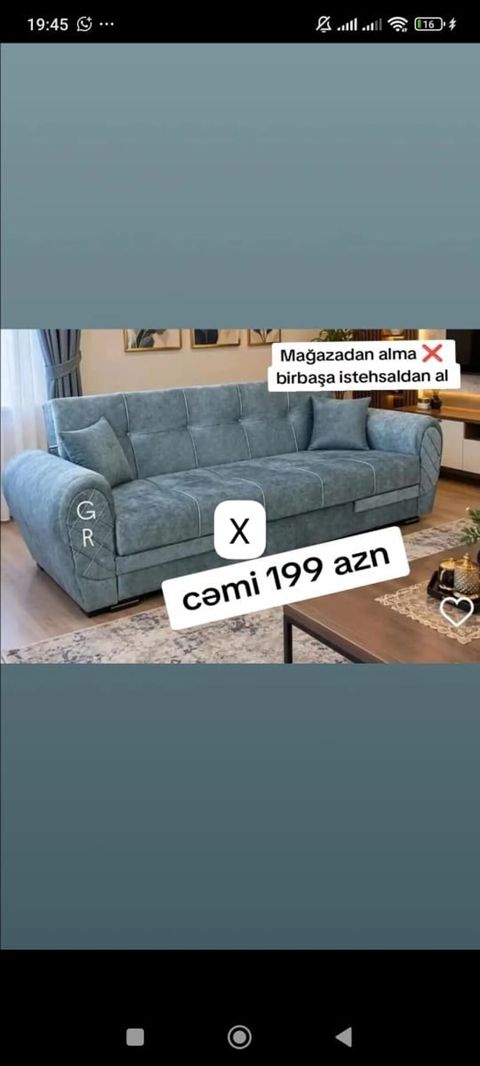 Məhsul: Yumşaq oturacaqlı salon divanı - Rəng: boz-mavi (süet — Ucuz serfeli Mebel — Sofas