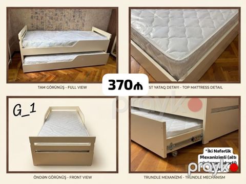 İki nəfərlik mexanizimli çarpayı – alt hissə sürüşən təkərli trundle — Bakı