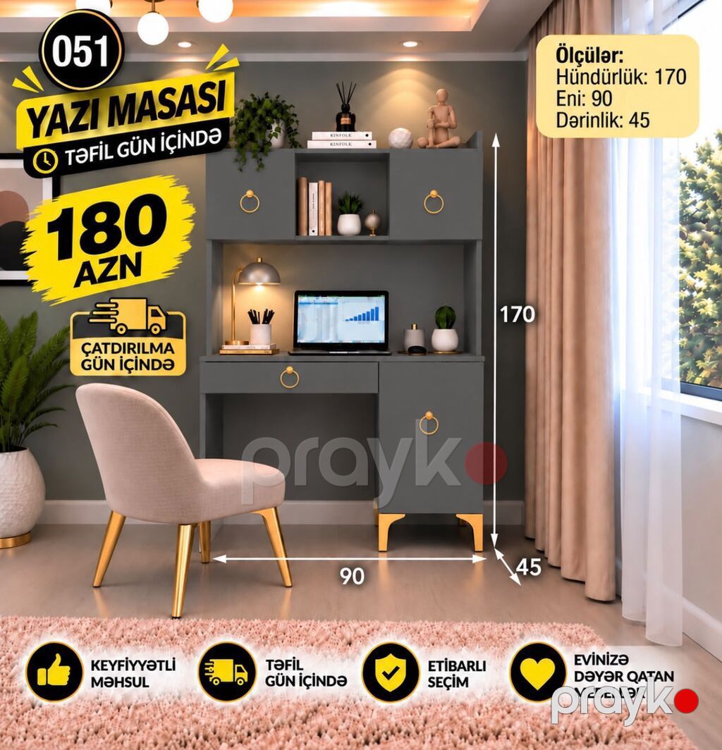 Yazı masası – model 051 Ölçülər: - Hündürlük: 170 sm - Eni: 90 sm — Kompüter masaları və kresloları, Digah (6)