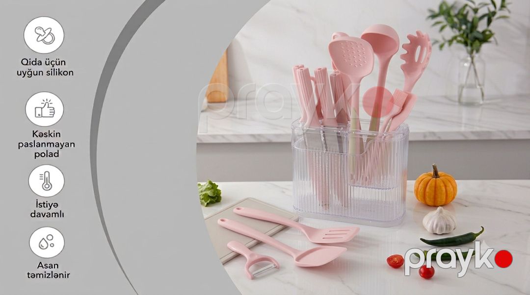Mətbəx ləvazimatları dəsti, paslanmayan polad/plastik/silikon, çəhrayı, 12 əşya — Mallar, Bakı (2)