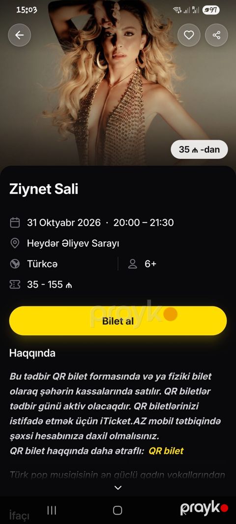 Ziynet Sali konsertinə 2 bilet – B sektor, 1-ci sıra – endirimli 31 — Bakı