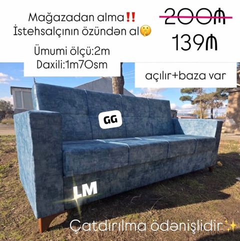 Açılan mexanizmli, bazalı divan. - Ümumi ölçü: 2 m - Daxili ölçü: 1 m — ucuz.mebel — Sofas