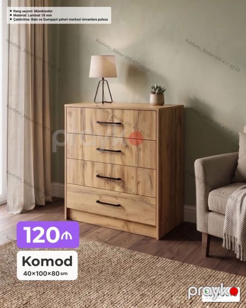 Komod – təbii ağac naxışlı, 4 çekmecəli model - Ölçülər: 40 100 — Bakı