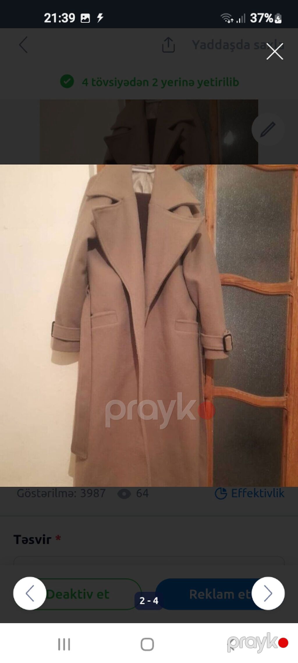 Palto L,XL .44. 46.bej seliqeli geyilib Astarlıdır.duymesiz model — Şəxsi əşyalar, Bakı (4)