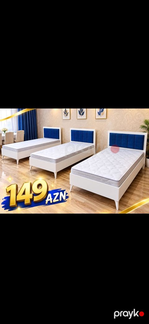 Ağ karkaslı, mavi yumşaq başlıqlı tək nəfərlik çarpayı. - Minimalist — Xırdalan