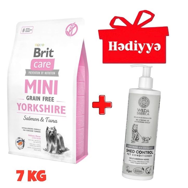 Quru yem Brit Care Mini Yorkshire, yorkşir teryerlər üçün, qızılbalıq və tuna ilə, 7 kq + Kondisioner Wilda Siberica Shed Control itlər və pişiklər üçün, 400 ml Hədiyyə — Mallar, Bakı