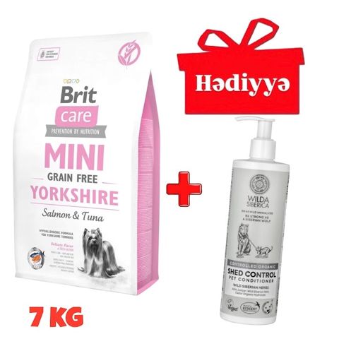 Quru yem Brit Care Mini Yorkshire, yorkşir teryerlər üçün, qızılbalıq və tuna ilə, 7 kq + Kondisioner Wilda Siberica Shed Control itlər və pişiklər üçün, 400 ml Hədiyyə — Bakı