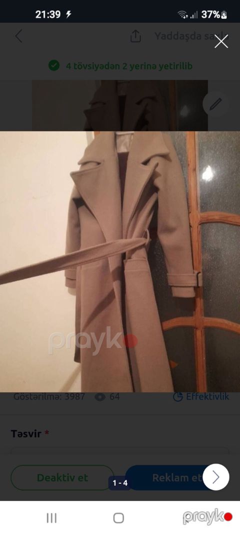 Palto L,XL .44. 46.bej seliqeli geyilib Astarlıdır.duymesiz model — Bakı