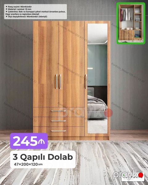 3 qapılı şkaf – 47×200×120 sm Xüsusiyyətlər: - Material: 18 mm — Bakı