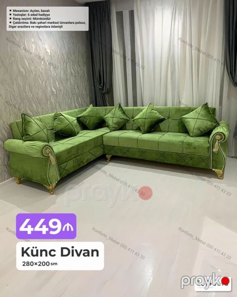 Künc divan – 280×200 sm Mexanizm: açılan, bazalı (yataq funksiyası — Bakı