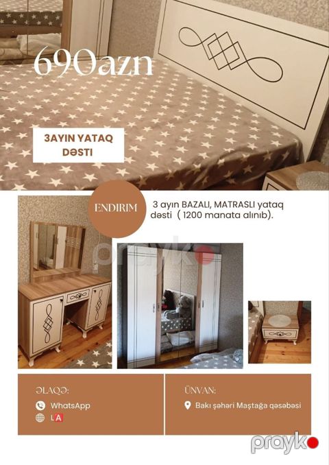 L / 3 ayın *Bazalı, Matraslı* yataq dəsti 690 azn 1200 manata — Bakı