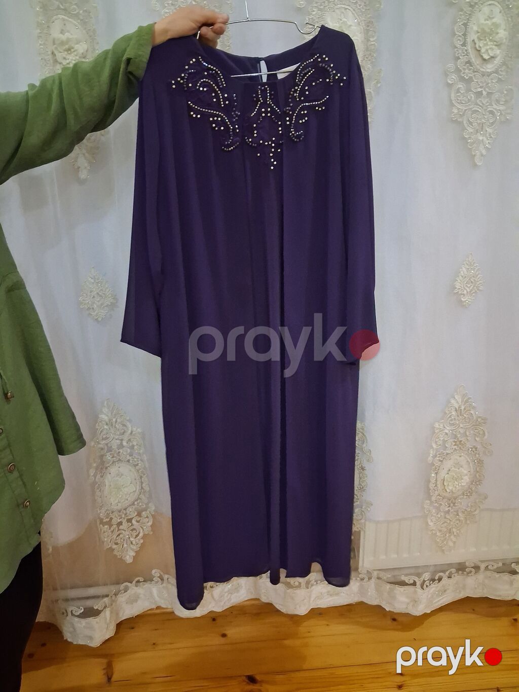 Bənövşəyi rəngdə uzun xalat/kimono üslublu üst geyimi - Zərif, axıcı — Qadın paltarı, Bakı (2)