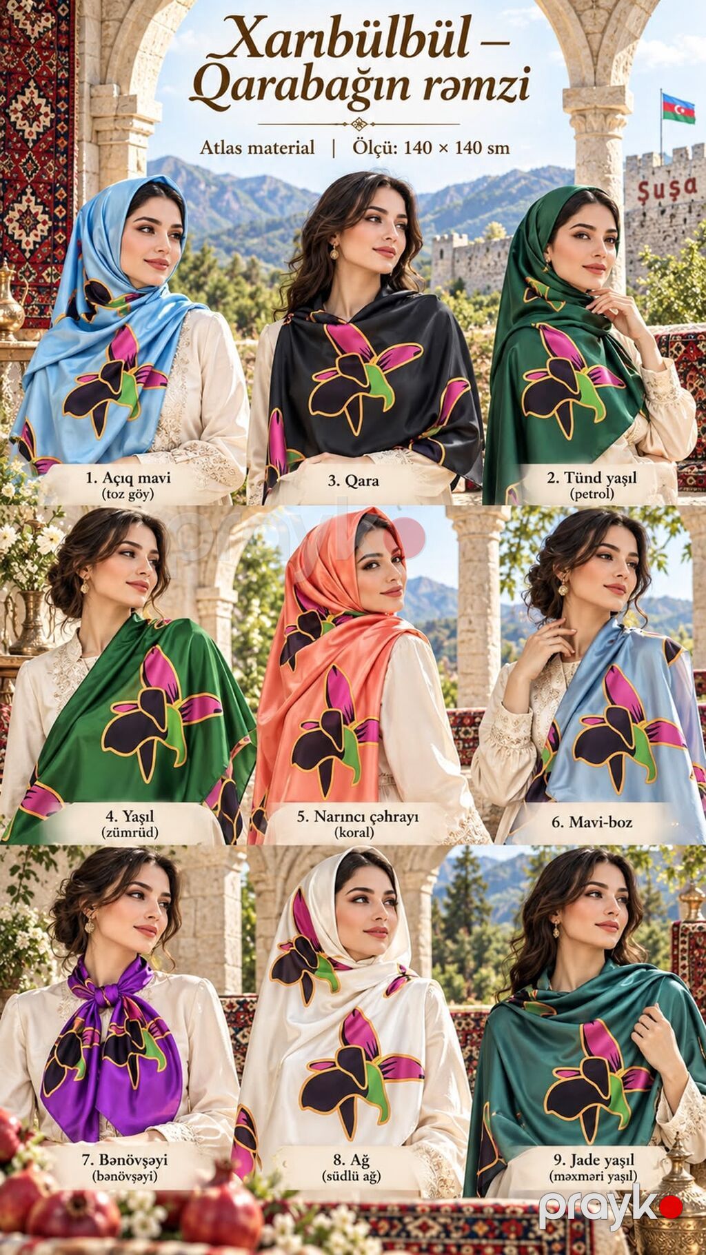 Atlas kəlağayı kolleksiyası - Material: atlas - Ölçü: 140 140 sm — Xicab və nikab, Bakı (2)