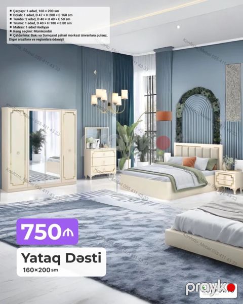 Yataq Dəsti – 160×200 sm Komplekt: - Çarpayı: 1 ədəd, 160×200 sm — Bakı